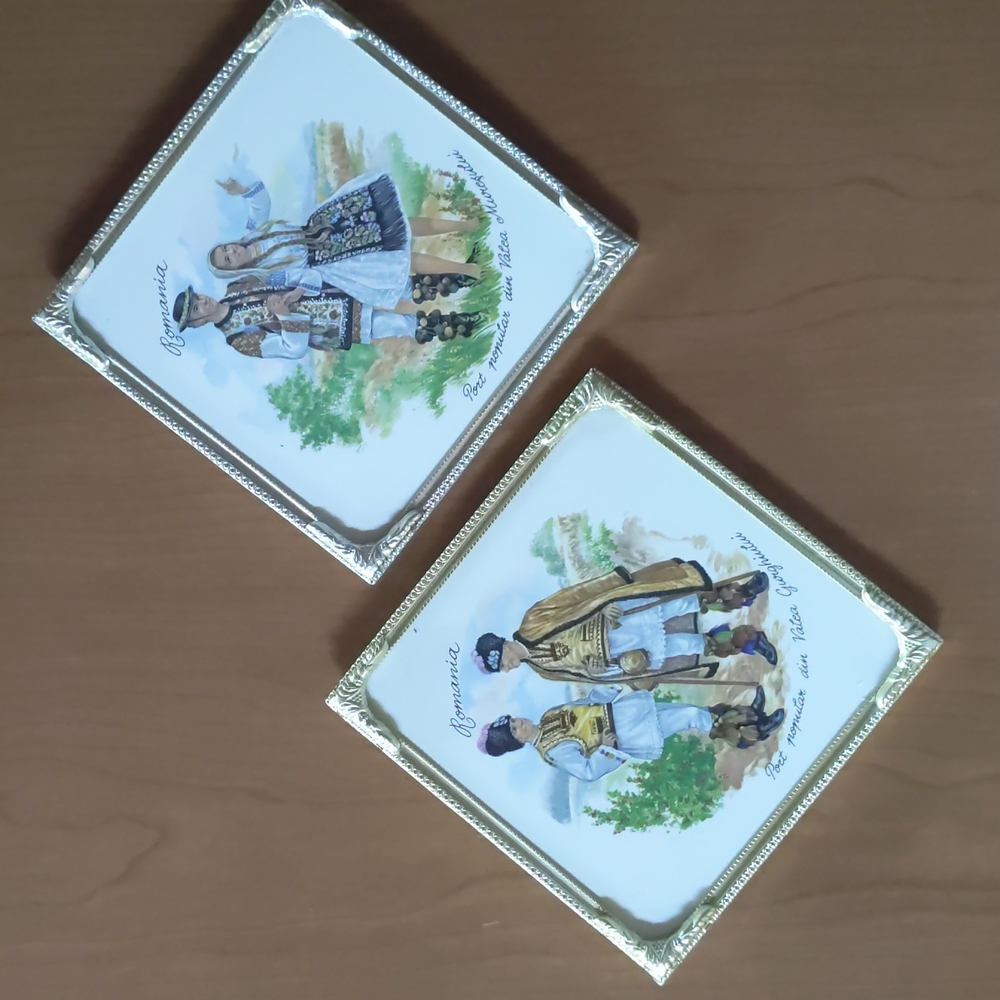 1974 Romania Ceramic Tile - Traditional Costume - Metal Wall Hanging